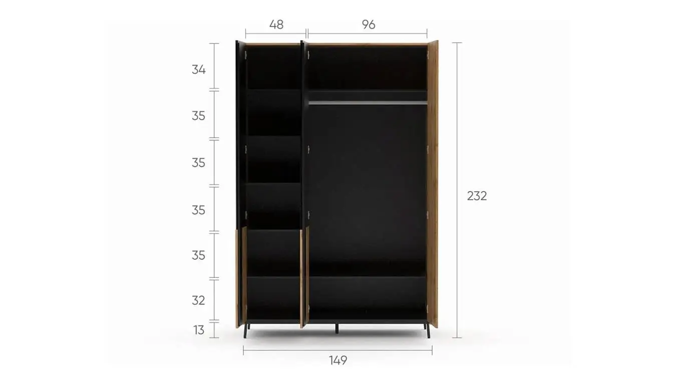 Шкаф трехдверный Ileksa, цвет: Дуб Натюрель + Черный Графит фото - 5 - большое изображение